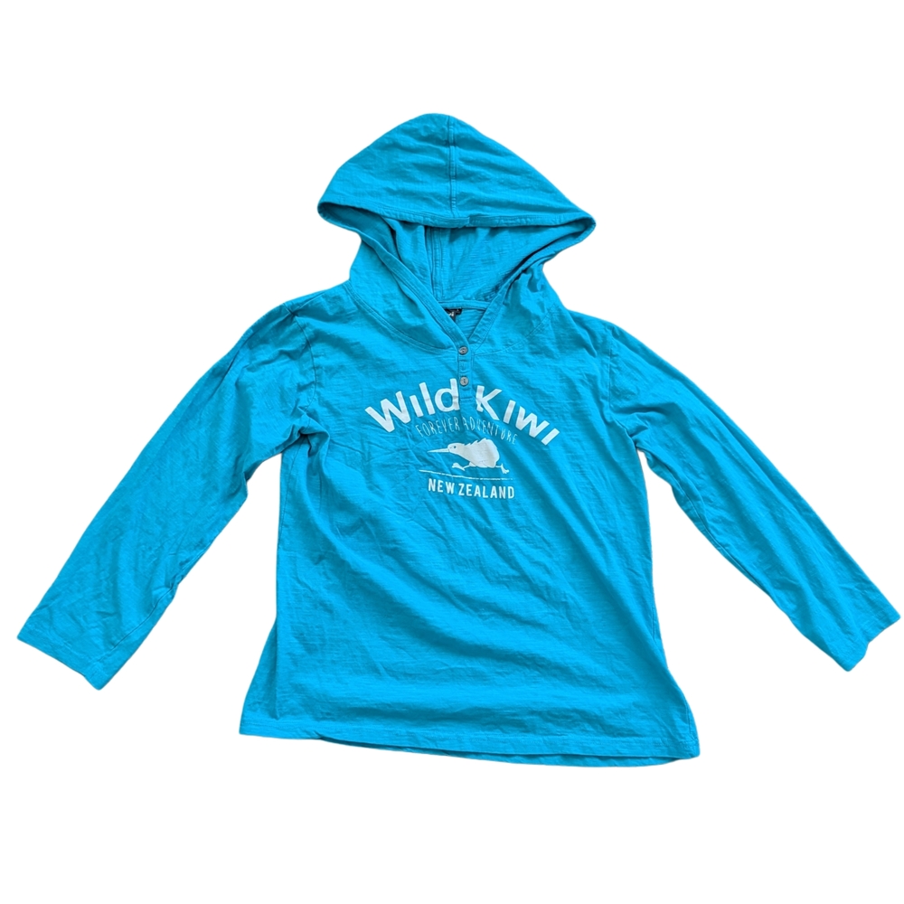 Wild Kiwi Blue White Hooded Long Sleeve Graphic Top Size Large